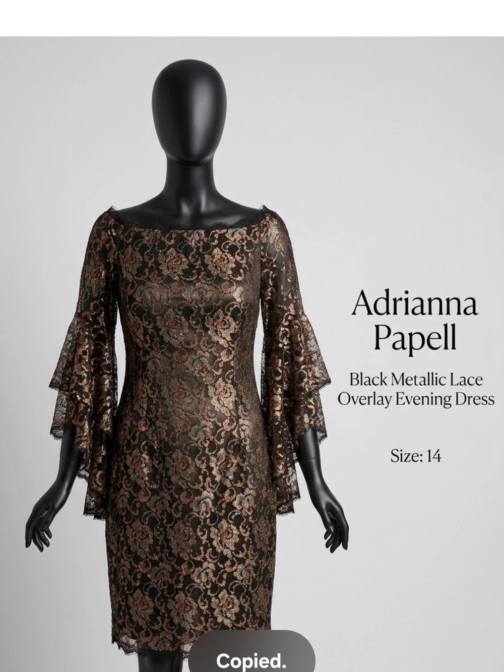 Adrianna Papell Black Bronze Metallic Lace Cocktail Dress, Bell Sleeves Size14
